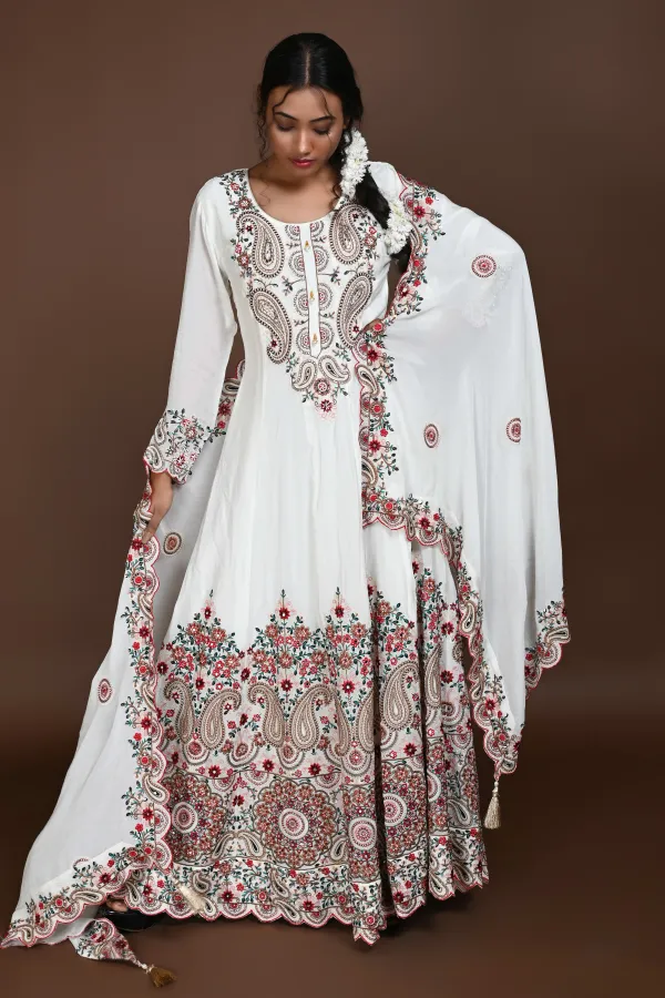 Machine Embroidery with Hand Work white Long Anarkali